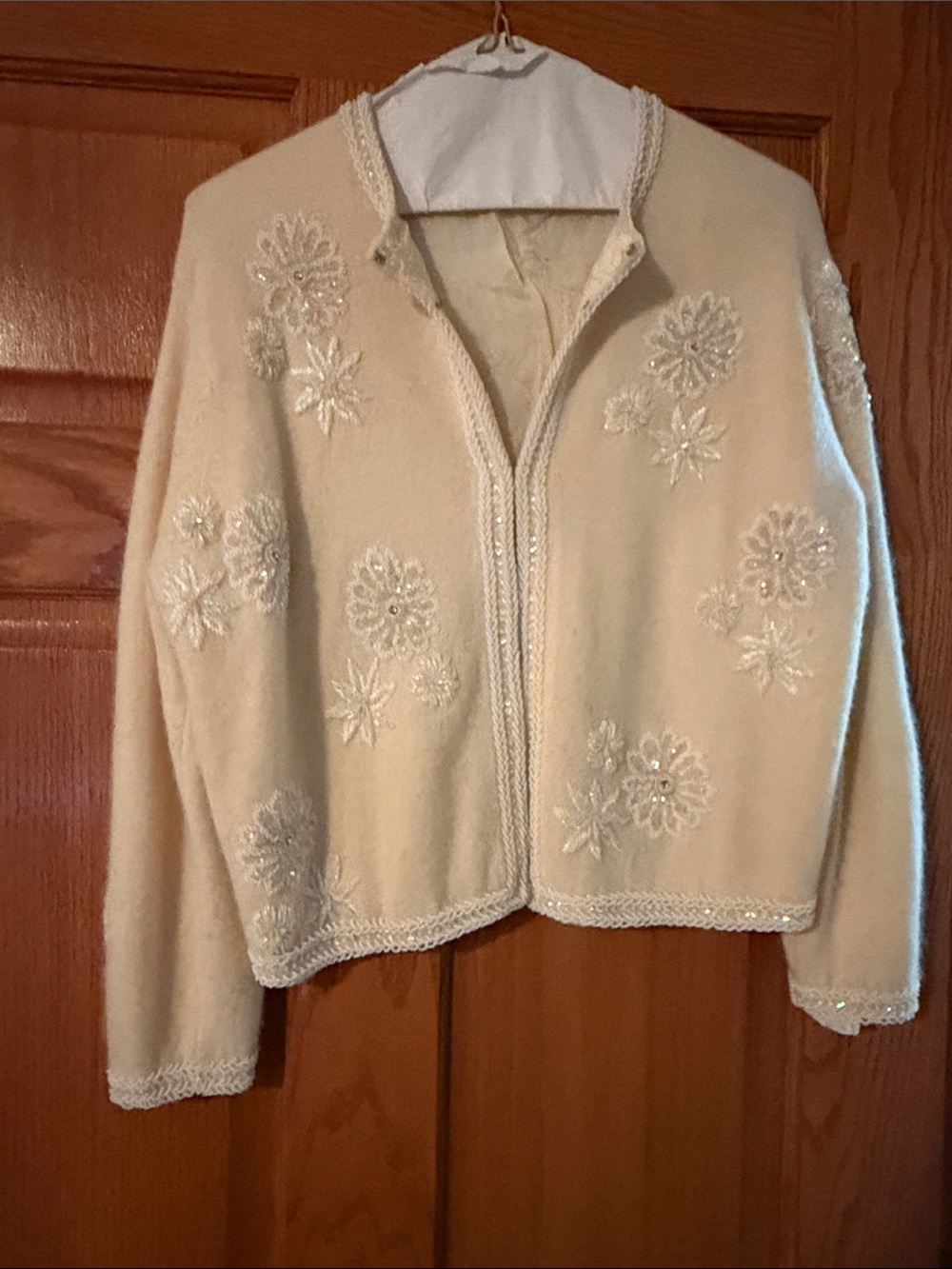 Cream Embroidered Women's Cardigan Sweater with Bead Accents Hand beaded in Hong